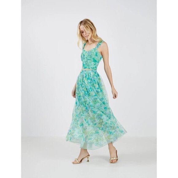 BCBGMaxAzria Aqua Blue Multi Colette Floral Pleated Maxi Skirt S - Picture 2 of 5